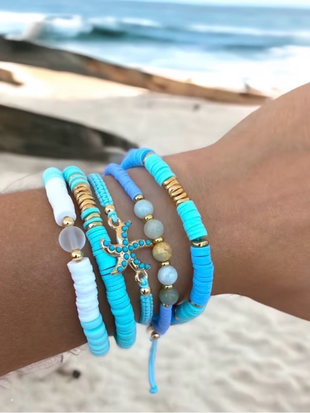 Turquoise & White Starfish Stackable Bracelet Set - Women Jewelry